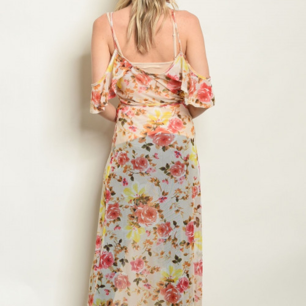 SALE ♡Floral Cold Shoulders Maxi Duster Dress cover up sheer boho fairy flowers - Picture 6 of 7